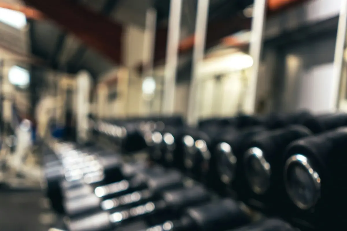 A rack of dumbbells in a gym
