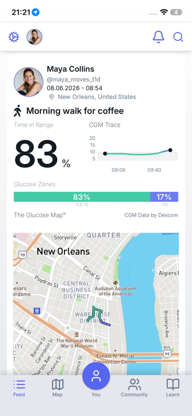 The Enhance-d app showing a logged walk with time in range, the CGM trace and the route map
