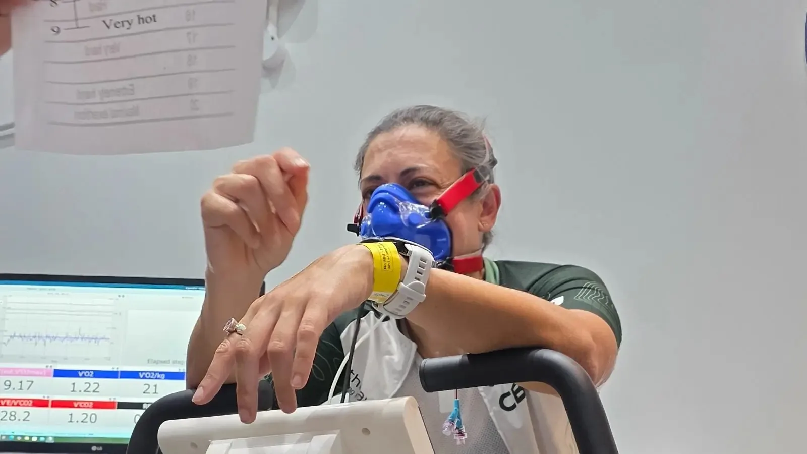 Exercise physiology lab testing with VO2 monitoring during a bike session