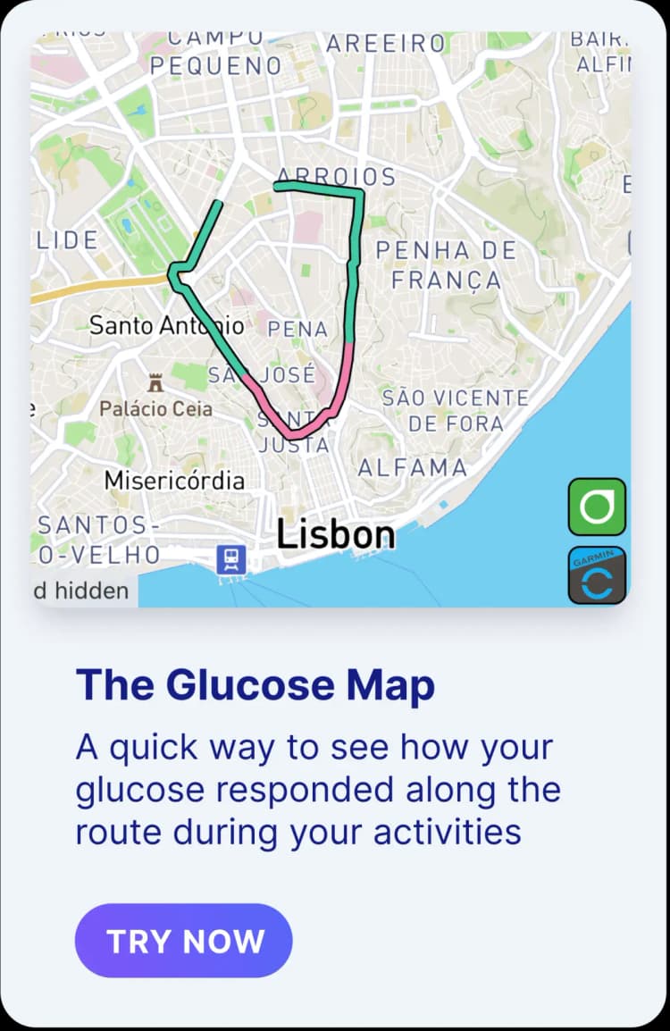 A Glucose Route-Map showing glucose plotted along an activity route
